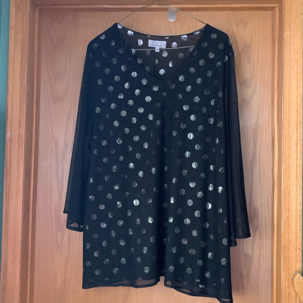 3/4 length sheer sleeve blouse with gold dots and a sheer overlay